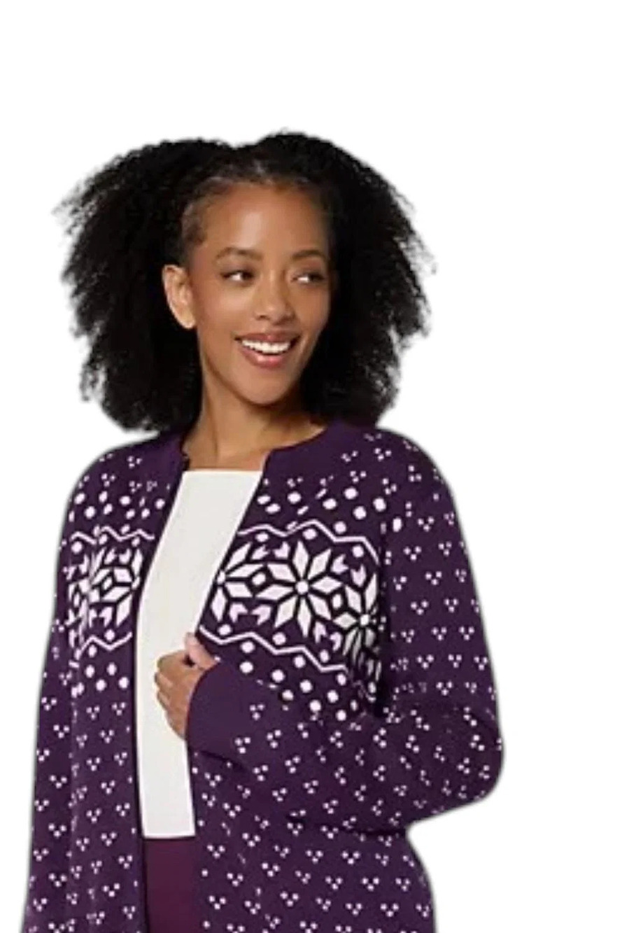 Denim & Co. Women's Archives Zip Placed Motif Cardigan Dp Purple - Regular